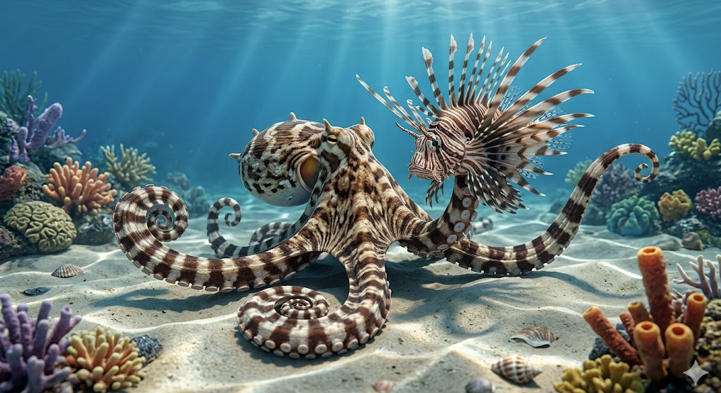 흉내문어 (Mimic Octopus) – 한 번에 15가지 동물로 변신하는 사기캐