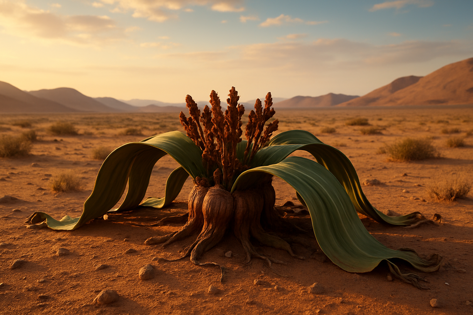 AI explanatory illustration of Welwitschia mirabilis (featured)